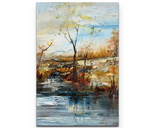 Paul Sinus Art Leinwandbilder | Bilder Leinwand 90x60cm Landschaft mit Bäumen und Wasser - Ölgemälde