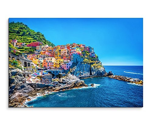 Paul Sinus Art Kunstfoto auf Leinwand 60x40cm Landschaftsfotografie - Farbenfroher Hafen, Cinque Terre, Italien auf Leinwand Exklusives Wandbild Moderne Fotografie für Ihre Wand in Vielen Größen