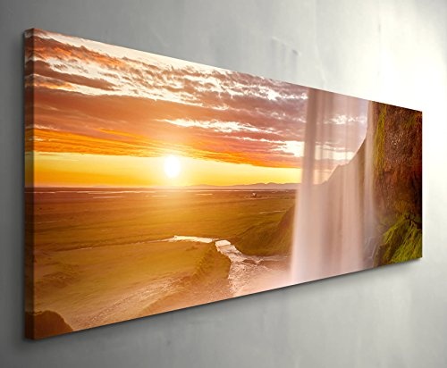 Paul Sinus Art Leinwandbilder | Bilder Leinwand 150x50cm Traumhafter Sonnenaufgang mit Wasserfall - Island