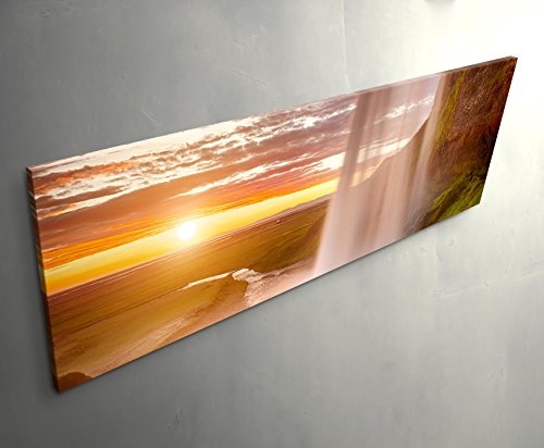Paul Sinus Art Leinwandbilder | Bilder Leinwand 150x50cm Traumhafter Sonnenaufgang mit Wasserfall - Island