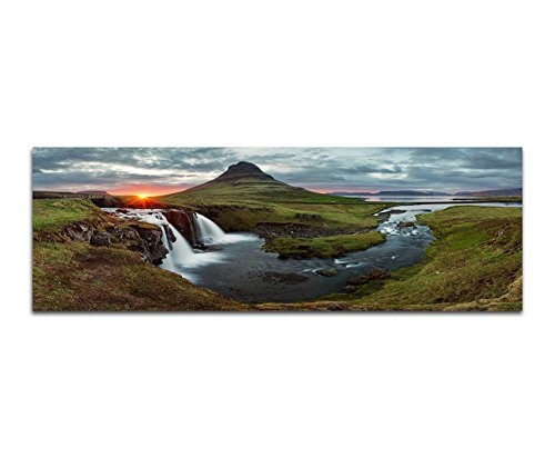 Paul Sinus Art Panoramabild auf Leinwand und Keilrahmen 150x50cm Island Landschaft Berge Wasser Abendlicht