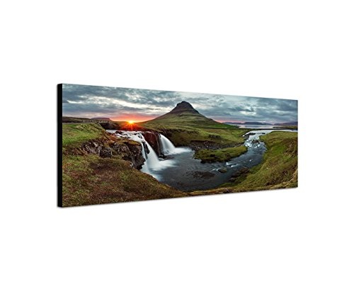 Paul Sinus Art Panoramabild auf Leinwand und Keilrahmen 150x50cm Island Landschaft Berge Wasser Abendlicht