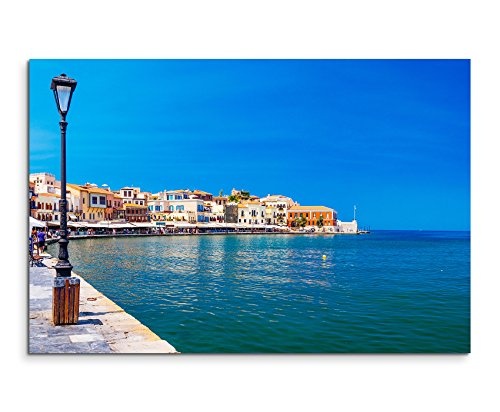 Paul Sinus Art Kunstfoto auf Leinwand 60x40cm Landschaftsfotografie - Hafen in Chania, Kreta, Griechenland auf Leinwand Exklusives Wandbild Moderne Fotografie für Ihre Wand in Vielen Größen