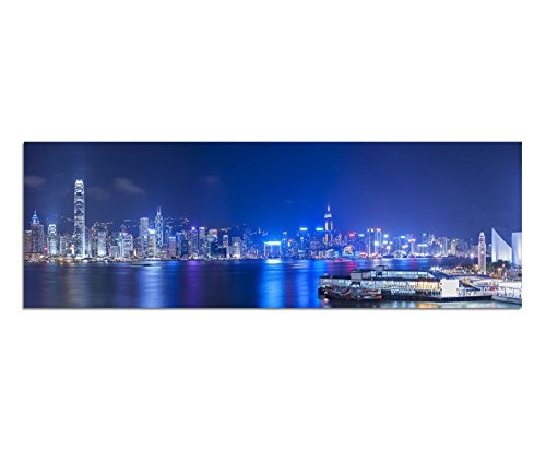 Paul Sinus Art Panoramabild auf Leinwand und Keilrahmen 150x50cm Hongkong Skyline Wasser Nacht Lichter