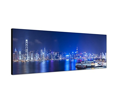 Paul Sinus Art Panoramabild auf Leinwand und Keilrahmen 150x50cm Hongkong Skyline Wasser Nacht Lichter