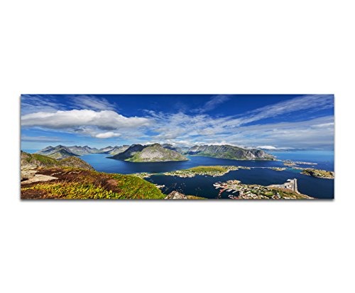 Paul Sinus Art Panoramabild auf Leinwand und Keilrahmen 150x50cm Norwegen Lofoten Berge Wasser Wolkenschleier