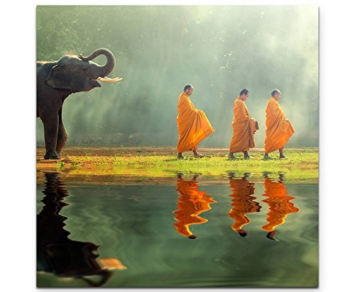 Paul Sinus Art Leinwandbilder | Bilder Leinwand 90x90cm Elefant mit Mönchen