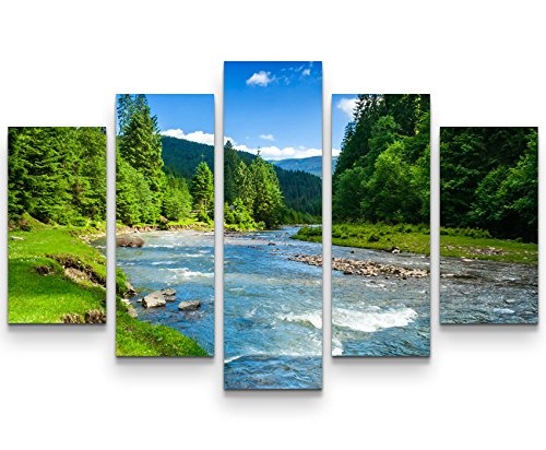 Paul Sinus Art Leinwandbilder | Bilder Leinwand 160x100cm wunderschöne Landschaft mit Bergen, Wald und Bach
