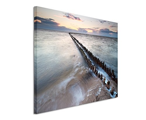 Paul Sinus Art Kunstfoto auf Leinwand 60x40cm Landschaftsfotografie - Wellenbrecher Bei Sonnenaufgang auf Leinwand Exklusives Wandbild Moderne Fotografie für Ihre Wand in Vielen Größen