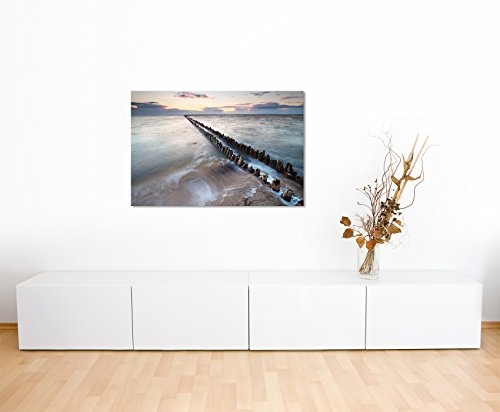 Paul Sinus Art Kunstfoto auf Leinwand 60x40cm Landschaftsfotografie - Wellenbrecher Bei Sonnenaufgang auf Leinwand Exklusives Wandbild Moderne Fotografie für Ihre Wand in Vielen Größen