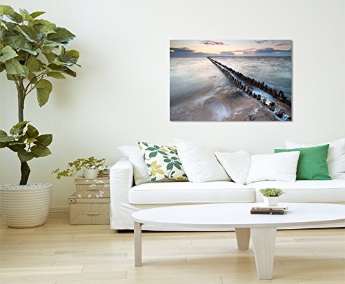 Paul Sinus Art Kunstfoto auf Leinwand 60x40cm Landschaftsfotografie - Wellenbrecher Bei Sonnenaufgang auf Leinwand Exklusives Wandbild Moderne Fotografie für Ihre Wand in Vielen Größen