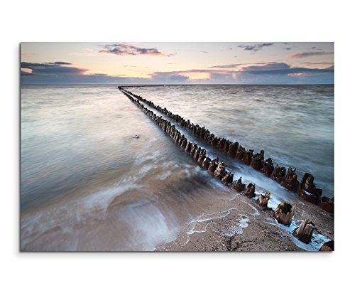 Paul Sinus Art Kunstfoto auf Leinwand 60x40cm Landschaftsfotografie - Wellenbrecher Bei Sonnenaufgang auf Leinwand Exklusives Wandbild Moderne Fotografie für Ihre Wand in Vielen Größen