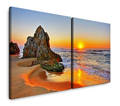 Paul Sinus Art GmbH Sonnenaufgang am Strand 120x60cm - 2 Wandbilder je 60x60cm Kunstdruck modern Wandbilder XXL Wanddekoration Design Wand Bild