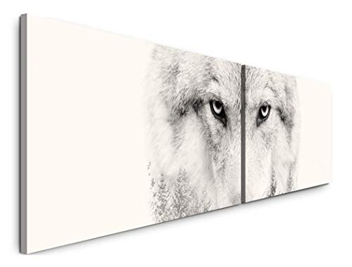 Paul Sinus Art Wolf Portrait 180x50cm - 2 Wandbilder je 50x90cm - Kunstdrucke - Wandbild - Leinwandbilder fertig auf Rahmen
