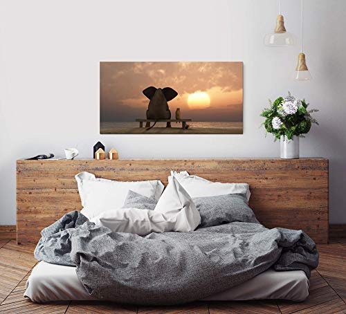Paul Sinus Art Elefant und Hund schauen in Sonnenuntergang 120x 60cm Panorama Leinwand Bild XXL Format Wandbilder Wohnzimmer Wohnung Deko Kunstdrucke