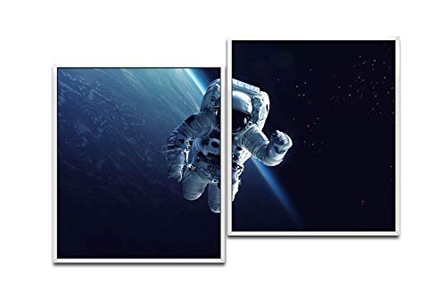 Paul Sinus Art Astronaut im Weltall 130 x 90 cm (2 Bilder ca. 75x65cm) Leinwandbilder fertig im Schattenfugenrahmen Weiss Kunstdruck XXL modern