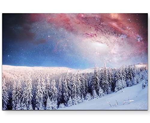 Paul Sinus Art Leinwandbilder | Bilder Leinwand 120x80cm Milchstraße und verschneiter Wald
