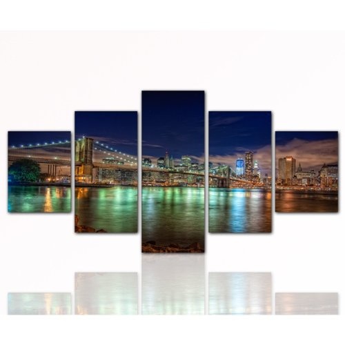 5 teiliges Leinwandbild der Brooklyn Bridge (New York View 5teilig 80x160cm) Bild auf echter Leinwand und Keilrahmen, der aktuelles Design! Modern Art Pics in hoher Qualität als original Kunstdruck (Amerika USA New YORK Big Apple Manhatten Brooklyn Bridge