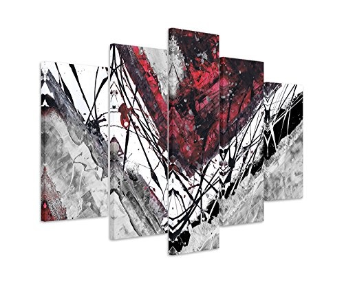 5 teiliges Wandbild auf Leinwand (Gesamt: H: 100cm B: 160cm) Keilrahmenbild Canvas Fotodruck Leinwandbild Leinwanddruck Kunstdruck Wandbild rot schwarz grau weiß Ecken