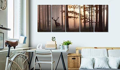 murando - Bilder Wald 200x80 cm Vlies Leinwandbild 5 TLG Kunstdruck modern Wandbilder XXL Wanddekoration Design Wand Bild - Hirsch Natur c-C-0235-b-n