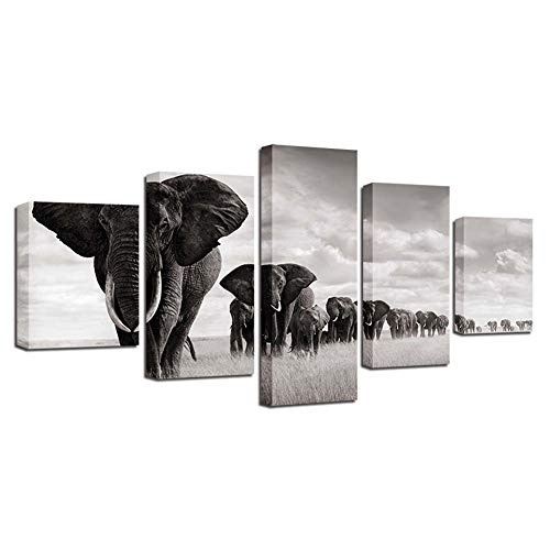 ABLUD 5 Panel Wall Art Elephant Walking In Einer Straße Malerei Bilder Für Home Modern Dekoration Stück Holzrahmen Fertig Zum Aufhängen,55 * 100Cm