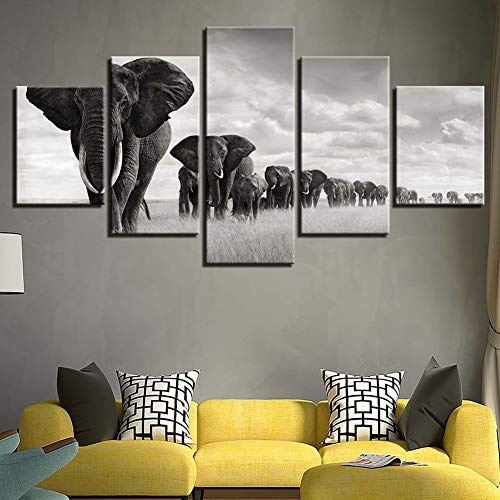 ABLUD 5 Panel Wall Art Elephant Walking In Einer Straße Malerei Bilder Für Home Modern Dekoration Stück Holzrahmen Fertig Zum Aufhängen,55 * 100Cm