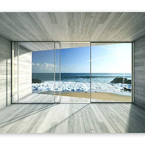 murando - Fototapete Meer Fenster 350x256 cm - Vlies Tapete - Moderne Wanddeko - Design Tapete - Wandtapete - Wand Dekoration - Meer See Natur Landschaft Fenster 3D Holz c-A-0084-a-c