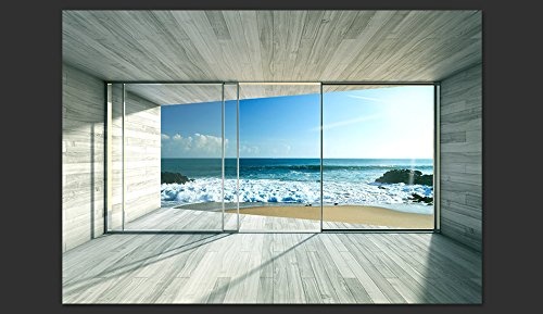 murando - Fototapete Meer Fenster 350x256 cm - Vlies Tapete - Moderne Wanddeko - Design Tapete - Wandtapete - Wand Dekoration - Meer See Natur Landschaft Fenster 3D Holz c-A-0084-a-c