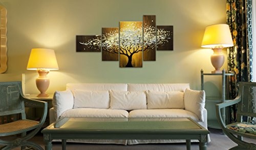 murando handgemalte Bilder Baum 150x84cm Gemälde 5 TLG braun grau gelb 5616