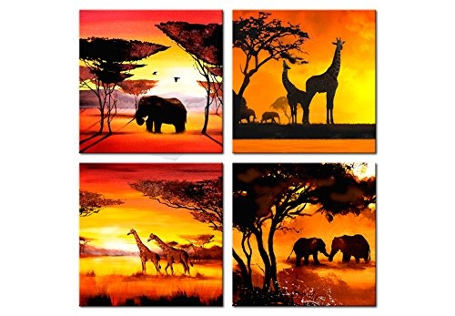 murando - Bilder Afrika 60x60 cm - Vlies Leinwandbild - 4 TLG - Kunstdruck - modern - Wandbilder XXL - Wanddekoration - Design - Wand Bild - Natur Landschaft Tiere orange rot g-A-0138-b-i