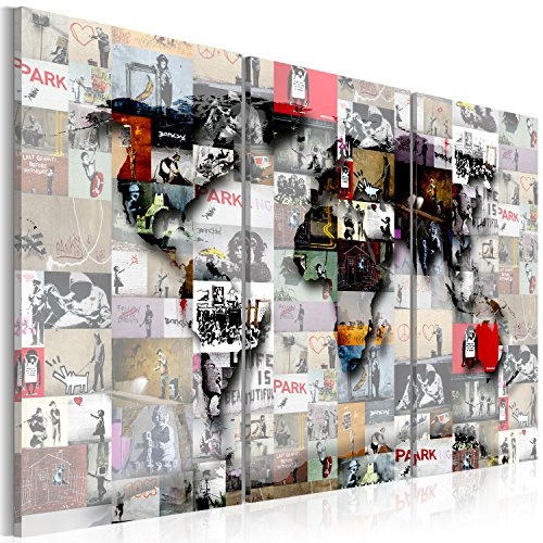 murando - Bilder 90x60 cm Vlies Leinwandbild 3 Teilig Kunstdruck modern Wandbilder XXL Wanddekoration Design Wand Bild - Banksy Weltkarte Kontinent Landkarte Karte k-C-0057-b-f