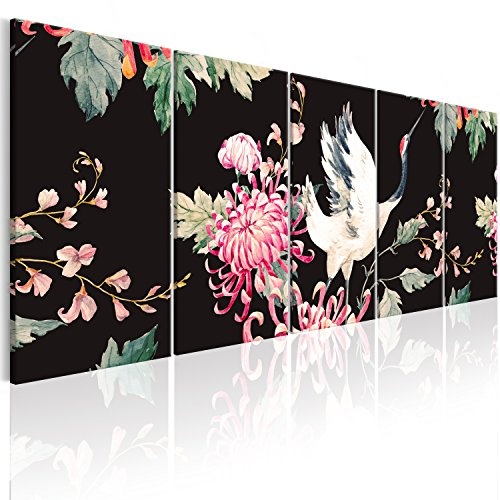 murando Akustikbild Blumen 200x80 cm Bilder Hochleistungsschallabsorber Schallschutz Leinwand Akustikdämmung 5 TLG Wandbild Raumakustik Schalldämmung - Vogel Pflanzen schwarz o-B-0002-b-m