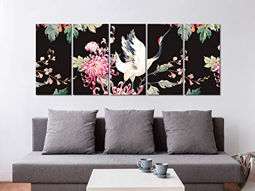 murando Akustikbild Blumen 200x80 cm Bilder Hochleistungsschallabsorber Schallschutz Leinwand Akustikdämmung 5 TLG Wandbild Raumakustik Schalldämmung - Vogel Pflanzen schwarz o-B-0002-b-m