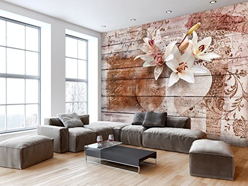 murando - Fototapete Vintage 200x140 cm - Vlies Tapete - Moderne Wanddeko - Design Tapete - Wandtapete - Wand Dekoration - Blumen Lilien Holz Bretter f-A-0616-a-a