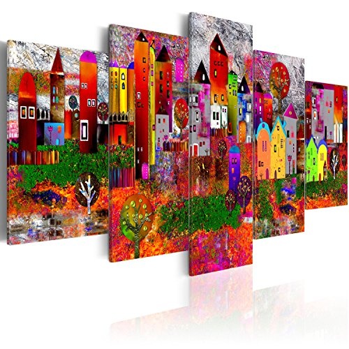 murando Akustikbild Stadt bunt 200x100 cm Bilder Hochleistungsschallabsorber Schallschutz Leinwand Akustikdämmung 5 TLG Wandbild Raumakustik Schalldämmung d-A-0052-b-m