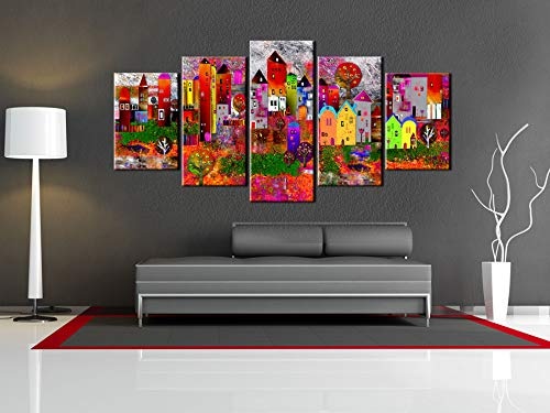 murando Akustikbild Stadt bunt 200x100 cm Bilder Hochleistungsschallabsorber Schallschutz Leinwand Akustikdämmung 5 TLG Wandbild Raumakustik Schalldämmung d-A-0052-b-m