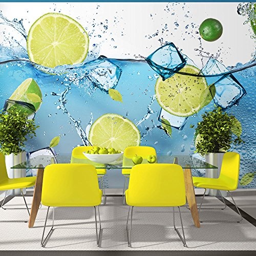 murando - Fototapete Küche 400x280 cm - Vlies Tapete - Moderne Wanddeko - Design Tapete - Wandtapete - Wand Dekoration - Obst Limone grün blau weiß Wasser Eis 10110908-1