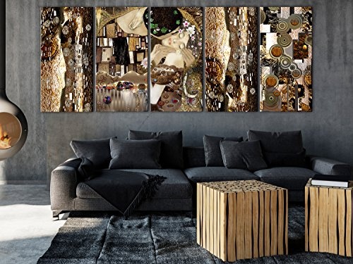 murando - Bilder Gustav Klimt 225x90 cm Vlies Leinwandbild 5 TLG Kunstdruck modern Wandbilder XXL Wanddekoration Design Wand Bild - Der Kuss Abstrakt Gold l-A-0035-b-m