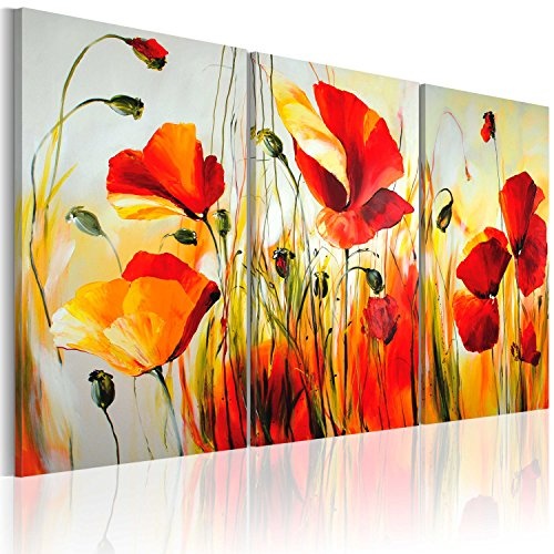murando handgemalte Bilder Blumen Mohn 120x80cm Gemälde 3 TLG rot beige 22035