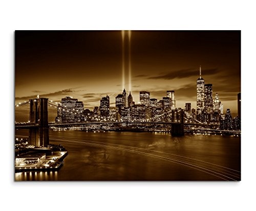 Augenblicke Wandbilder 120x80cm XXL riesige Bilder fertig gerahmt mit Keilrahmenin Sepia New York Brooklyn Bridge Manhattan River Hudson Boot
