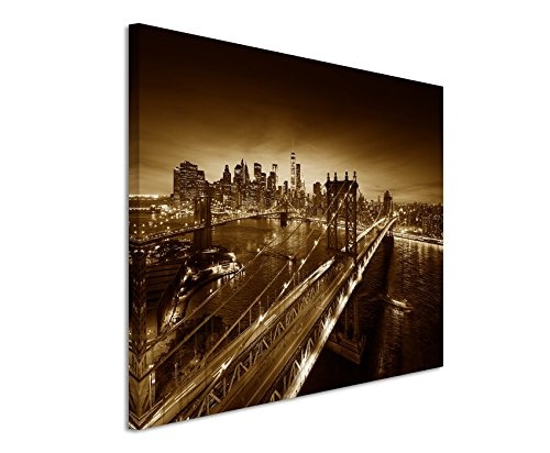 Augenblicke Wandbilder 120x80cm XXL riesige Bilder fertig gerahmt mit Keilrahmenin Sepia New York -City Sonnenaufgang Manhattan Brooklyn- Brücke