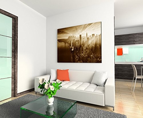 Augenblicke Wandbilder 120x80cm XXL riesige Bilder fertig gerahmt mit Keilrahmenin Sepia New York City Sonnenstrahlen