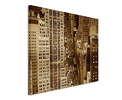 Augenblicke Wandbilder 120x80cm XXL riesige Bilder fertig gerahmt mit Keilrahmenin Sepia New York Manhattan Straße mit Wolkenkratzer
