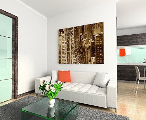 Augenblicke Wandbilder 120x80cm XXL riesige Bilder fertig gerahmt mit Keilrahmenin Sepia New York Manhattan Straße mit Wolkenkratzer