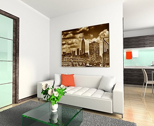 Augenblicke Wandbilder 120x80cm XXL riesige Bilder fertig gerahmt mit Keilrahmenin Sepia New York Skyline Wolkenkrater