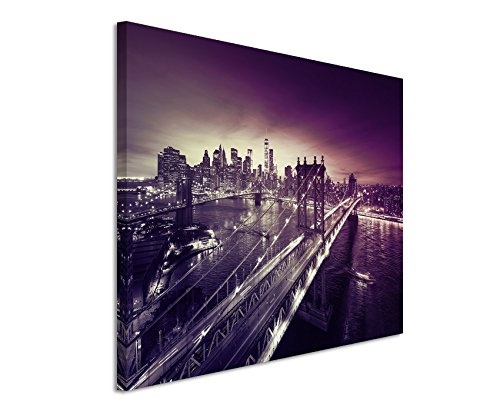 Augenblicke Wandbilder 120x80cm XXL riesige Bilder fertig gerahmt mit Echtholzrahmen in Mauve New York -City Sonnenaufgang Manhattan Brooklyn- Brücke