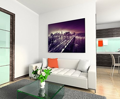 Augenblicke Wandbilder 120x80cm XXL riesige Bilder fertig gerahmt mit Echtholzrahmen in Mauve New York -City Sonnenaufgang Manhattan Brooklyn- Brücke