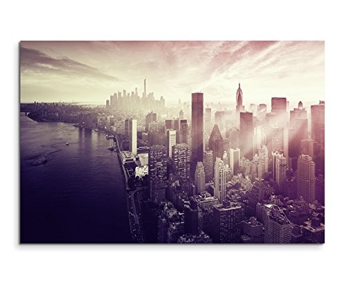 Augenblicke Wandbilder 120x80cm XXL riesige Bilder fertig gerahmt mit Echtholzrahmen in Mauve New York City Sonnenstrahlen