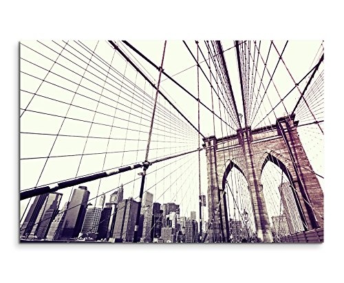 Augenblicke Wandbilder 120x80cm XXL riesige Bilder fertig gerahmt mit Echtholzrahmen in Mauve Auf der Brooklyn Bridge New York City