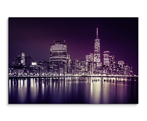 Augenblicke Wandbilder 120x80cm XXL riesige Bilder fertig gerahmt mit Echtholzrahmen in Mauve Stadt Gebäude New York -City Manhattan Nacht